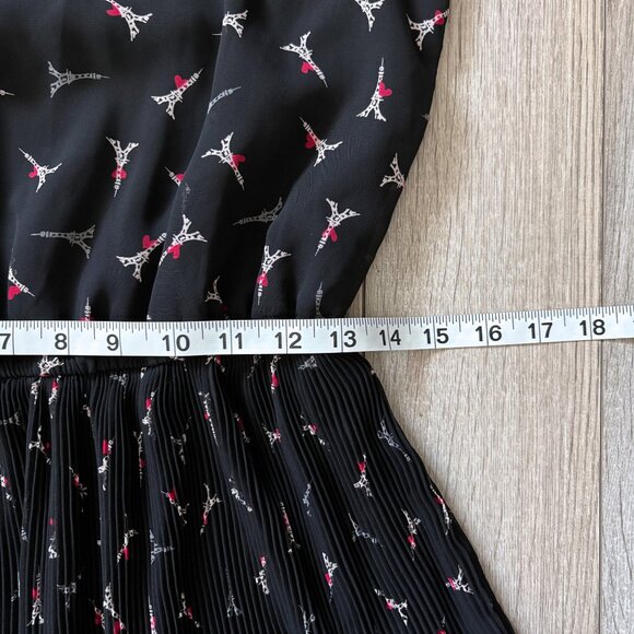Elle Eiffel Tower Heart Print Black Pleated Mini Dress Womens Small Paris Retro - Picture 13 of 15